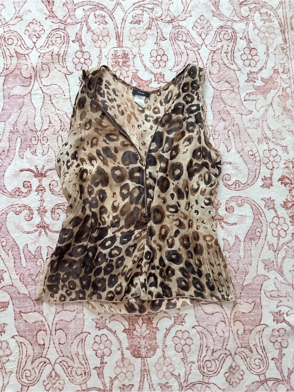 Sleeveless Leopard Print Zip-Front Blouse in Tan and Brown